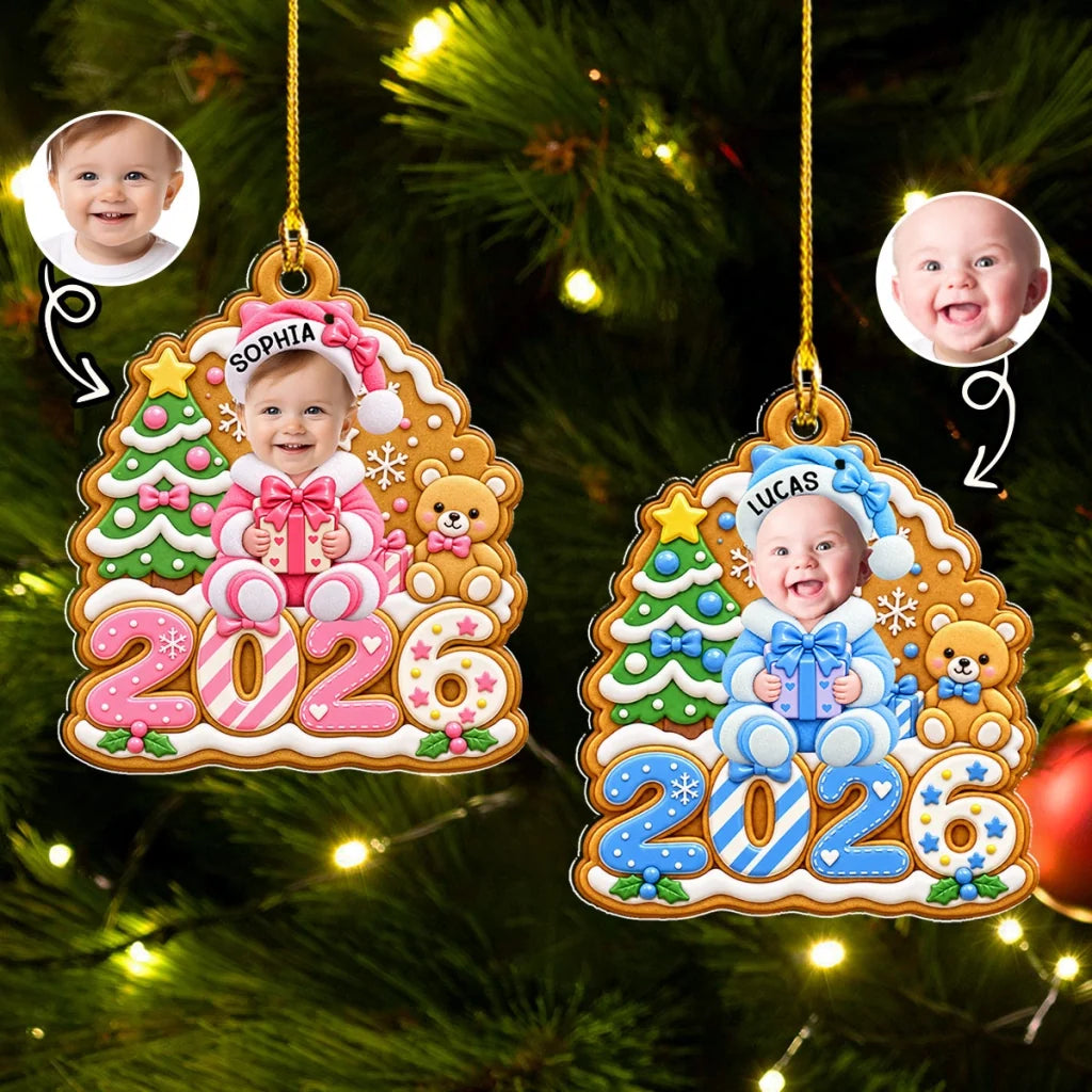Personalized Acrylic Ornament, Gingerbread Baby Holding a Gift, Colorful Christmas Decor and Unique Family Gift