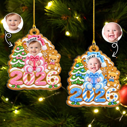 Personalized Acrylic Ornament, Gingerbread Baby Holding a Gift, Colorful Christmas Decor and Unique Family Gift