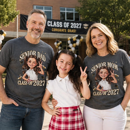 Personalized Classic Tee, Winking Senior Portrait with Graduation Icons, Creative Gift for Mom