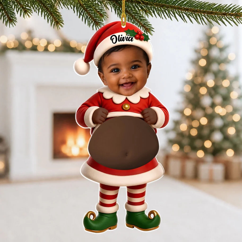 Personalized Silicone Belly Acrylic Ornament, Smiling Baby Elf by Christmas Tree, Unique Christmas Gift for Family