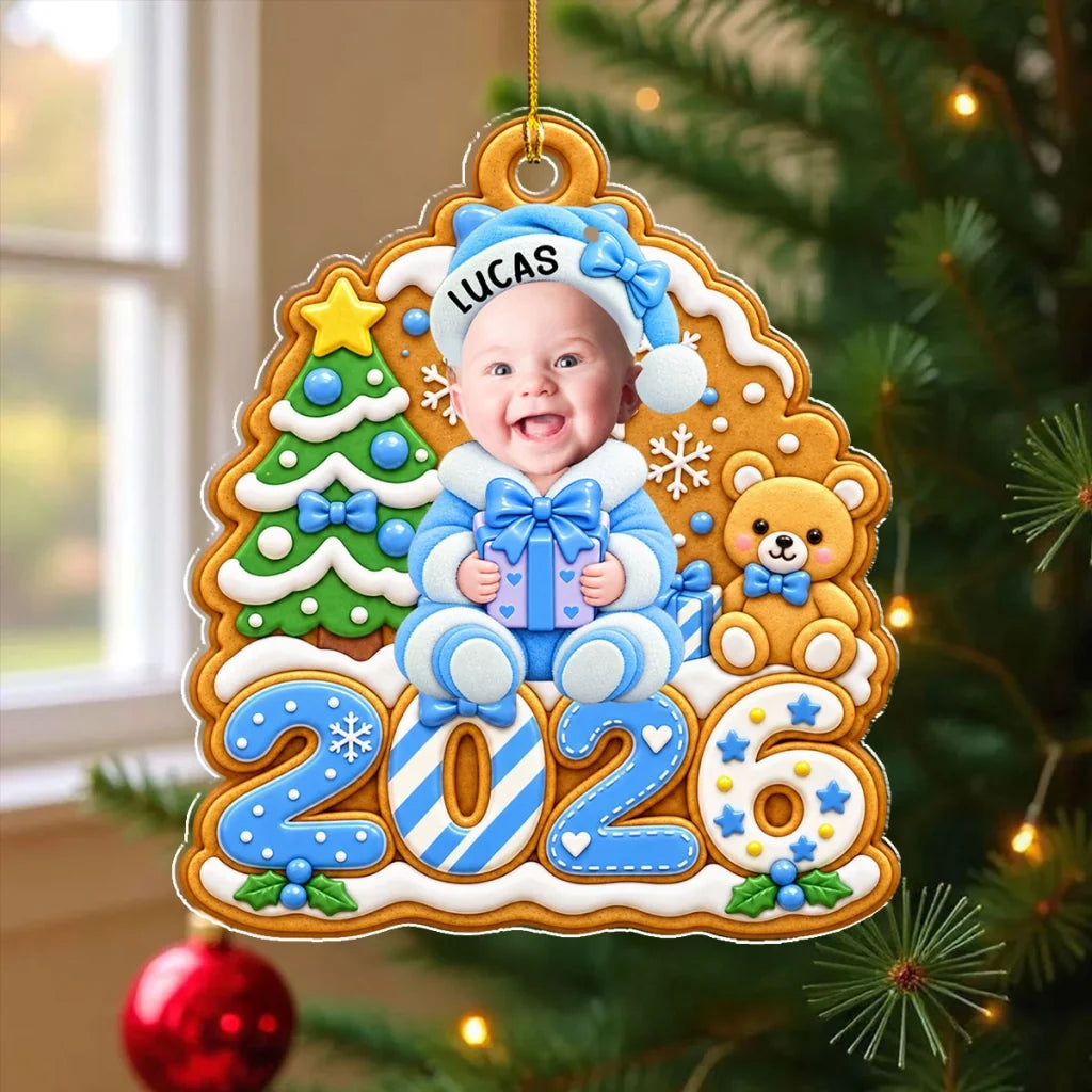Personalized Acrylic Ornament, Gingerbread Baby Holding a Gift, Colorful Christmas Decor and Unique Family Gift
