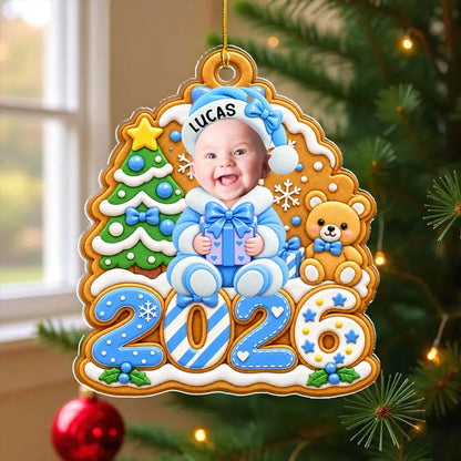 Personalized Acrylic Ornament, Gingerbread Baby Holding a Gift, Colorful Christmas Decor and Unique Family Gift