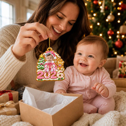 Personalized Acrylic Ornament, Gingerbread Baby Holding a Gift, Colorful Christmas Decor and Unique Family Gift