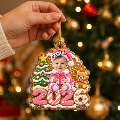Personalized Acrylic Ornament, Gingerbread Baby Holding a Gift, Colorful Christmas Decor and Unique Family Gift