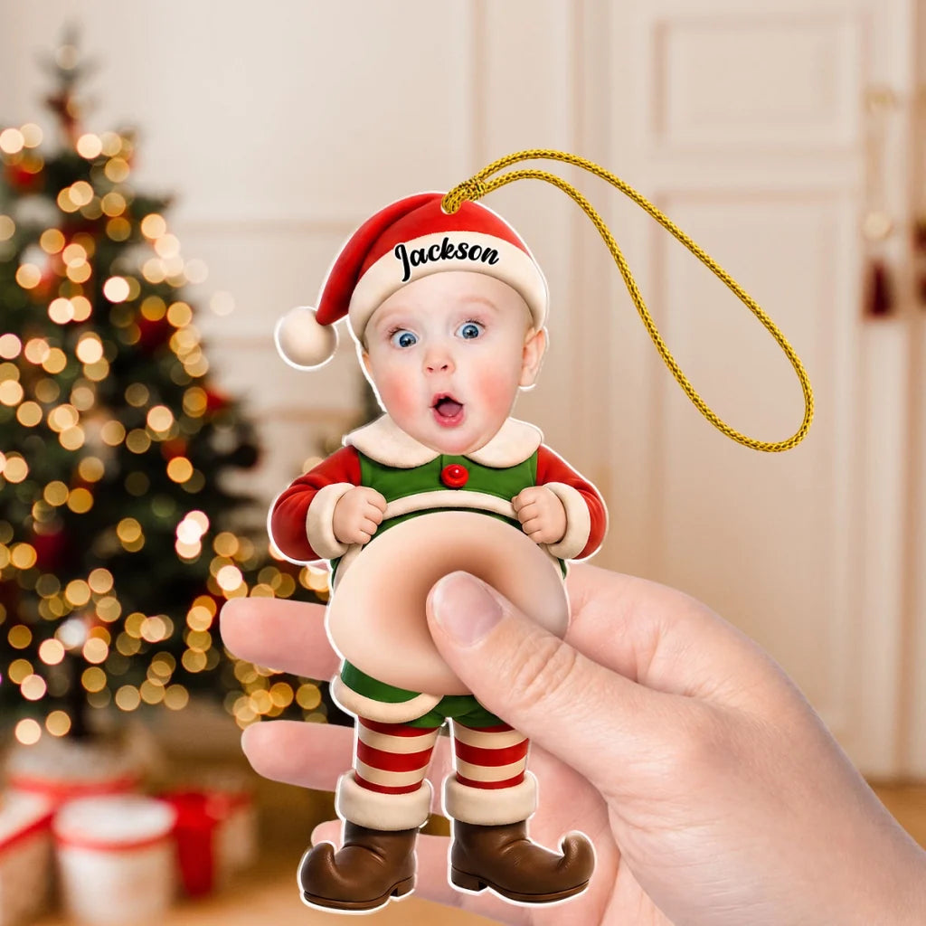 Personalized Silicone Belly Acrylic Ornament, Smiling Baby Elf by Christmas Tree, Unique Christmas Gift for Family