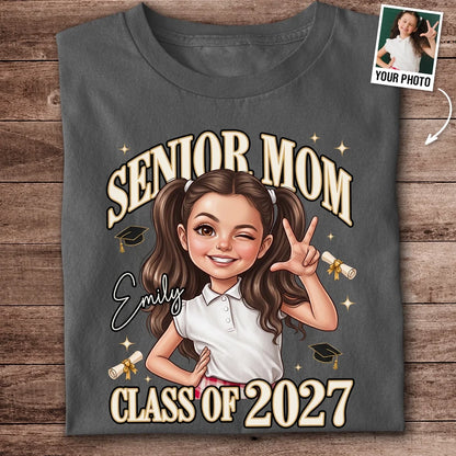 Personalized Classic Tee, Winking Senior Portrait with Graduation Icons, Creative Gift for Mom