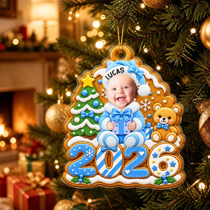 Personalized Acrylic Ornament, Gingerbread Baby Holding a Gift, Colorful Christmas Decor and Unique Family Gift