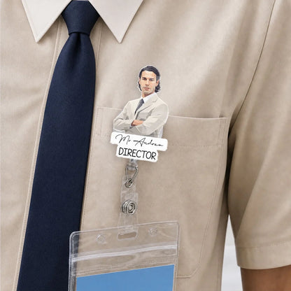 Personalized Acrylic Badge Reel with Illustrated Portrait Character, Unique Creative Gift for Coworker