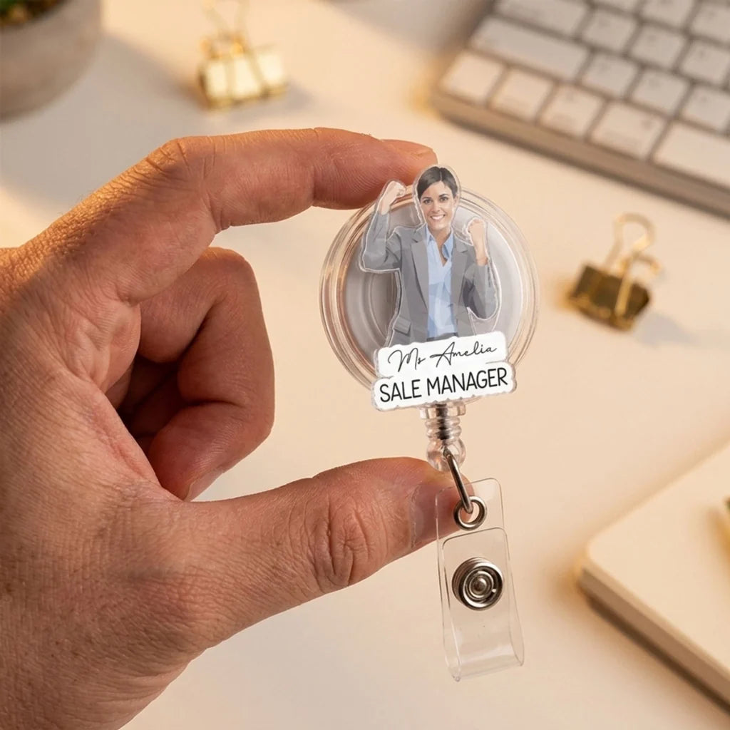 Personalized Acrylic Badge Reel with Illustrated Portrait Character, Unique Creative Gift for Coworker