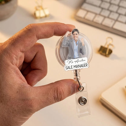 Personalized Acrylic Badge Reel with Illustrated Portrait Character, Unique Creative Gift for Coworker