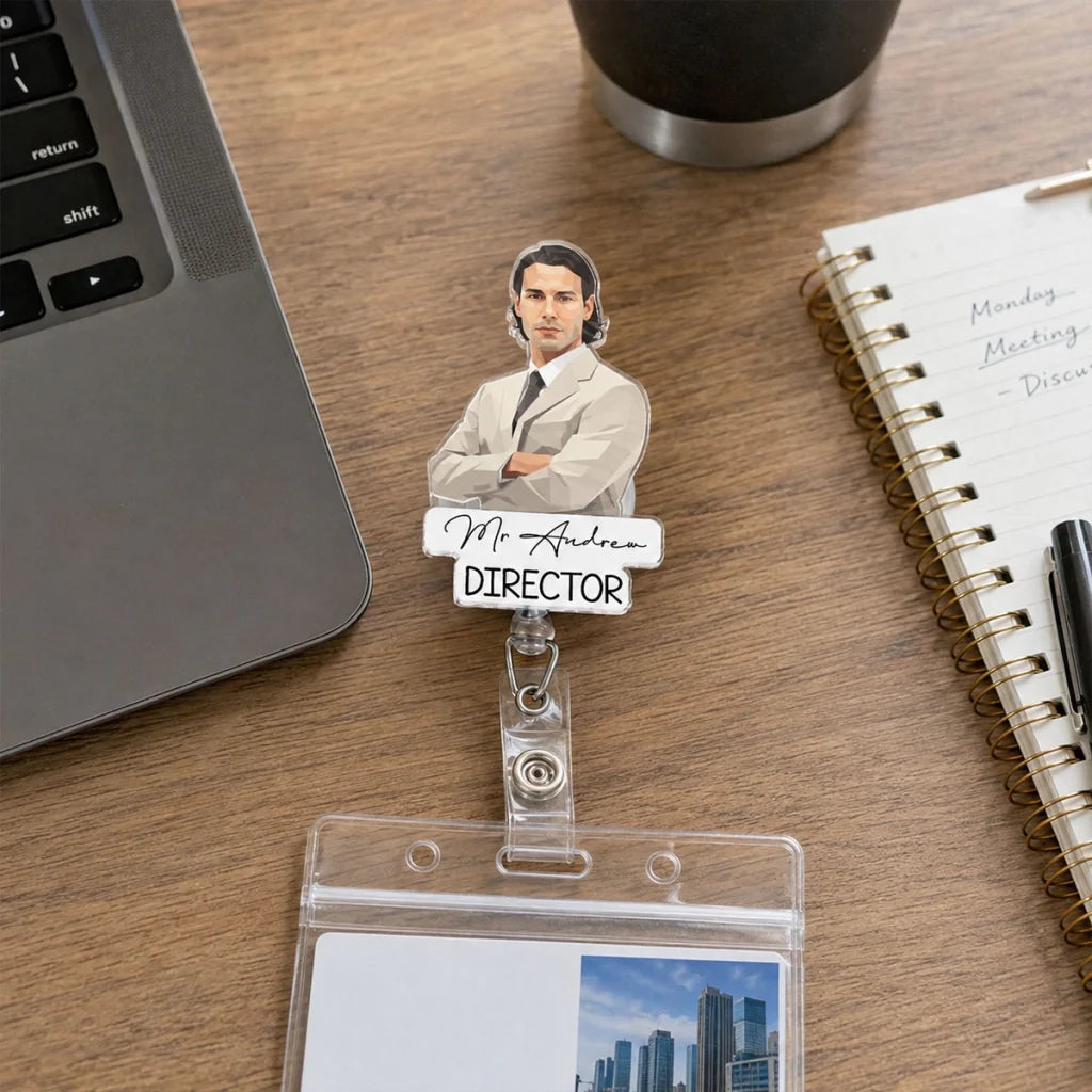 Personalized Acrylic Badge Reel with Illustrated Portrait Character, Unique Creative Gift for Coworker