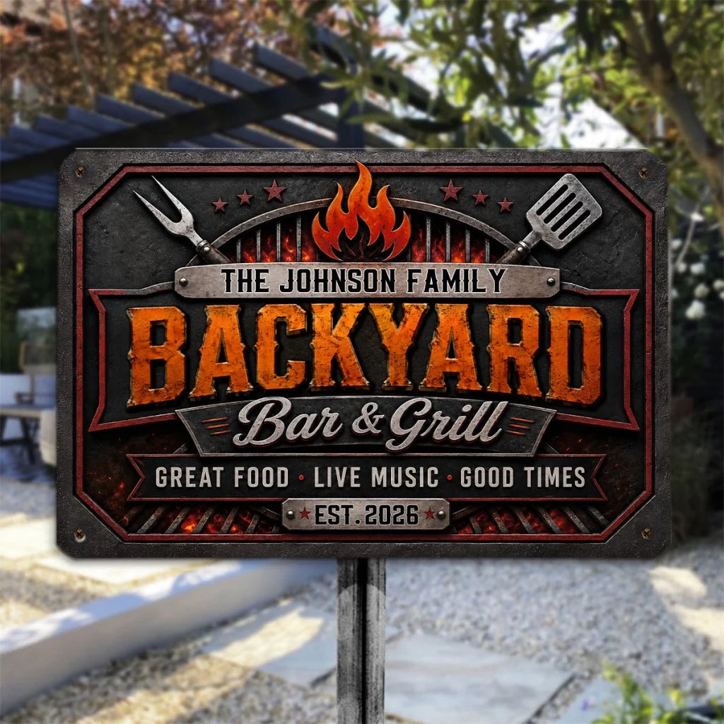 Personalized Rectangular Iron Sign, Vintage Flame Backyard Bar & Grill Decor, Unique Gift for Family Hosts