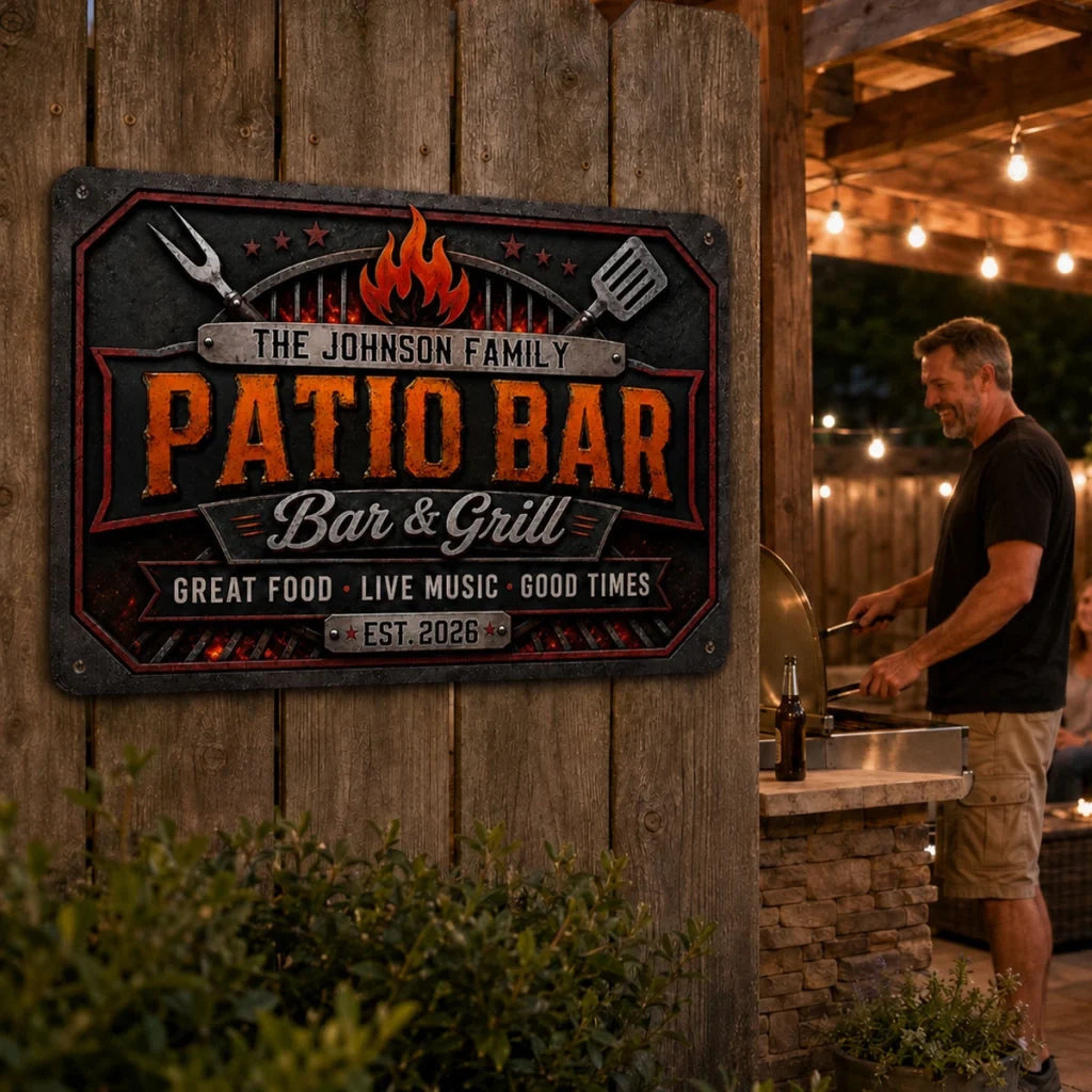 Personalized Rectangular Iron Sign, Vintage Flame Backyard Bar & Grill Decor, Unique Gift for Family Hosts