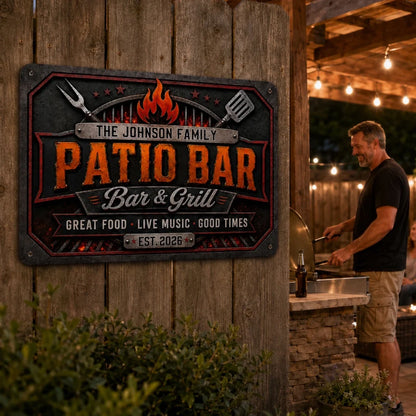 Personalized Rectangular Iron Sign, Vintage Flame Backyard Bar & Grill Decor, Unique Gift for Family Hosts