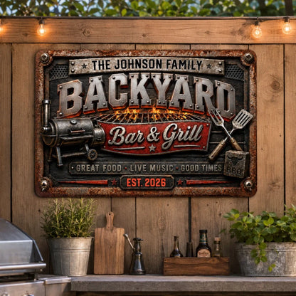 Rectangular Iron Sign with Backyard Smoker and Grill Artwork, Personalized Good Times Decor, Unique Creative Gift for Hosts