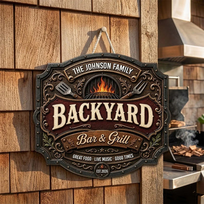 Personalized Wooden Sign with Flaming Backyard Grill Artwork, Creative Gift for Family Hosts & Grill Lovers