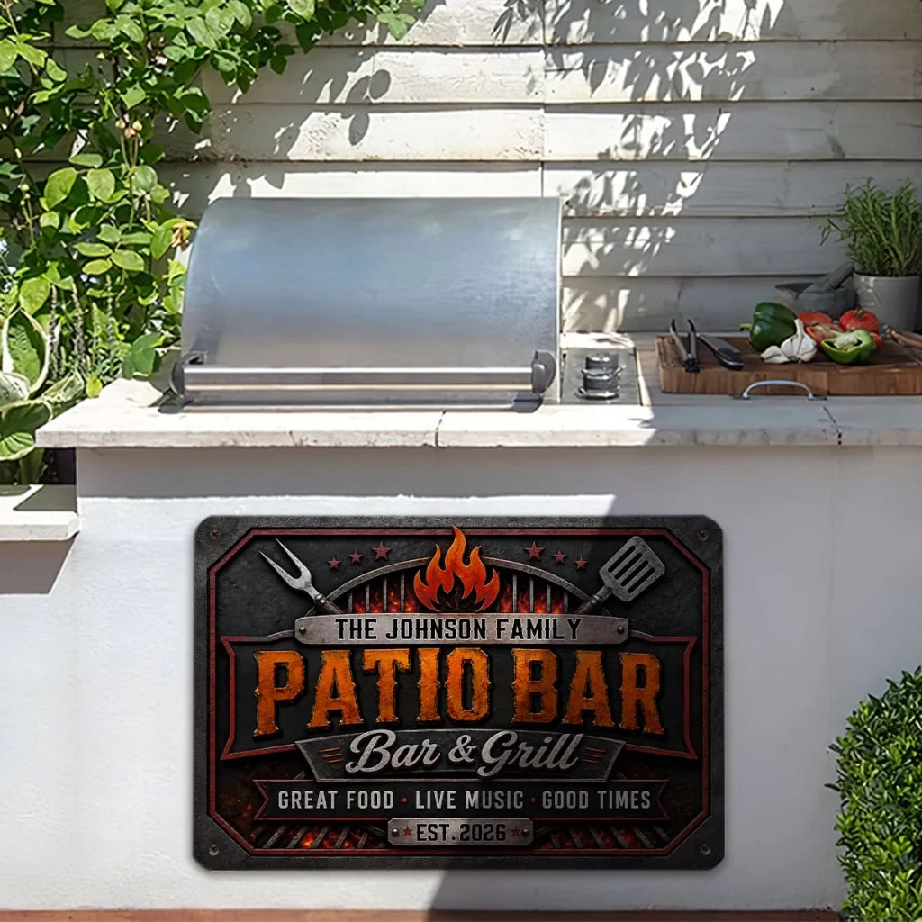 Personalized Rectangular Iron Sign, Vintage Flame Backyard Bar & Grill Decor, Unique Gift for Family Hosts