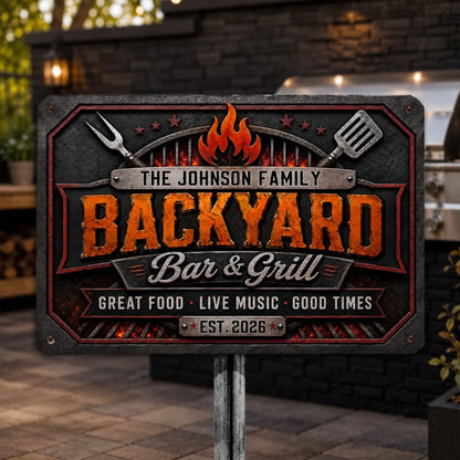 Personalized Rectangular Iron Sign, Vintage Flame Backyard Bar & Grill Decor, Unique Gift for Family Hosts