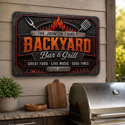 Personalized Rectangular Iron Sign, Vintage Flame Backyard Bar & Grill Decor, Unique Gift for Family Hosts