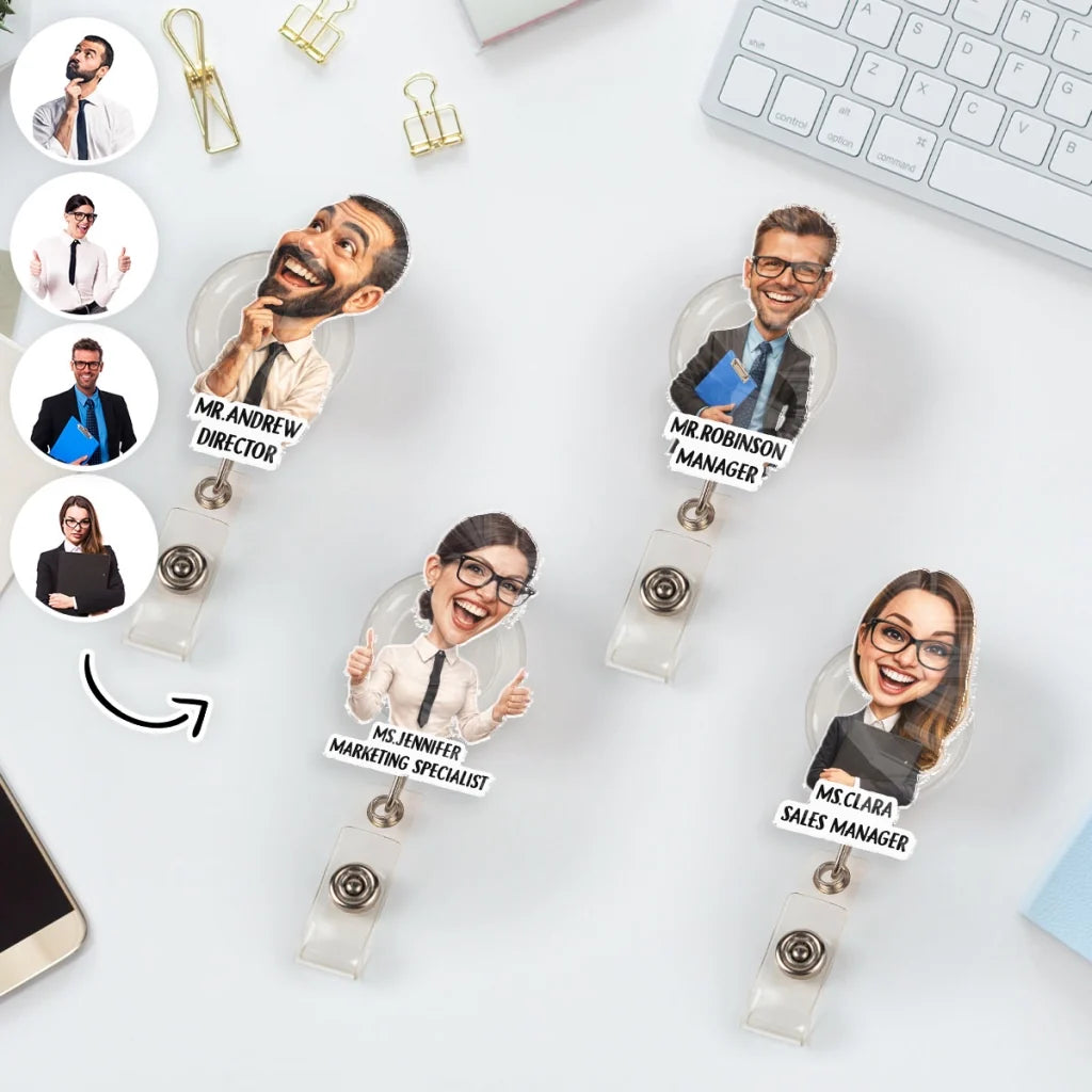 Personalized Acrylic Badge Reel with Smiling Office Character, Creative Gift for Coworkers