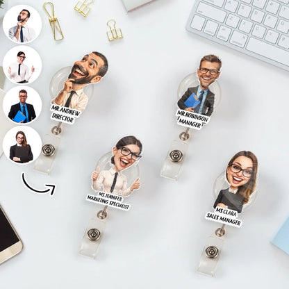 Personalized Acrylic Badge Reel with Smiling Office Character, Creative Gift for Coworkers