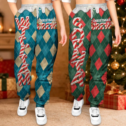 Personalized Sweatpants, Christmas Crew Candy Cane Argyle, Unique Gift for Relaxed Christmas at Home