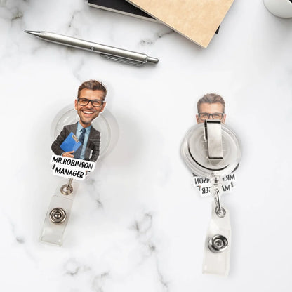 Personalized Acrylic Badge Reel with Smiling Office Character, Creative Gift for Coworkers
