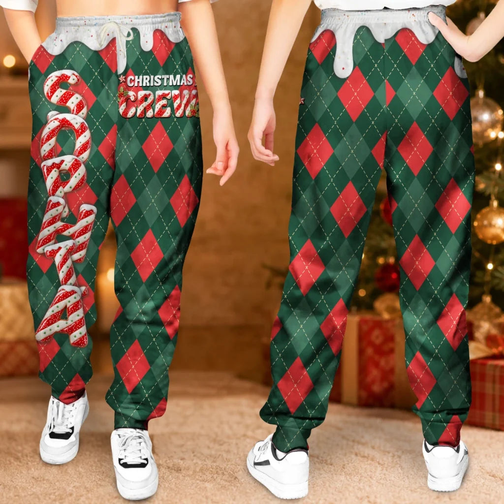 Personalized Sweatpants, Christmas Crew Candy Cane Argyle, Unique Gift for Relaxed Christmas at Home
