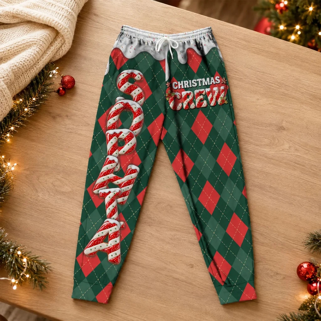 Personalized Sweatpants, Christmas Crew Candy Cane Argyle, Unique Gift for Relaxed Christmas at Home