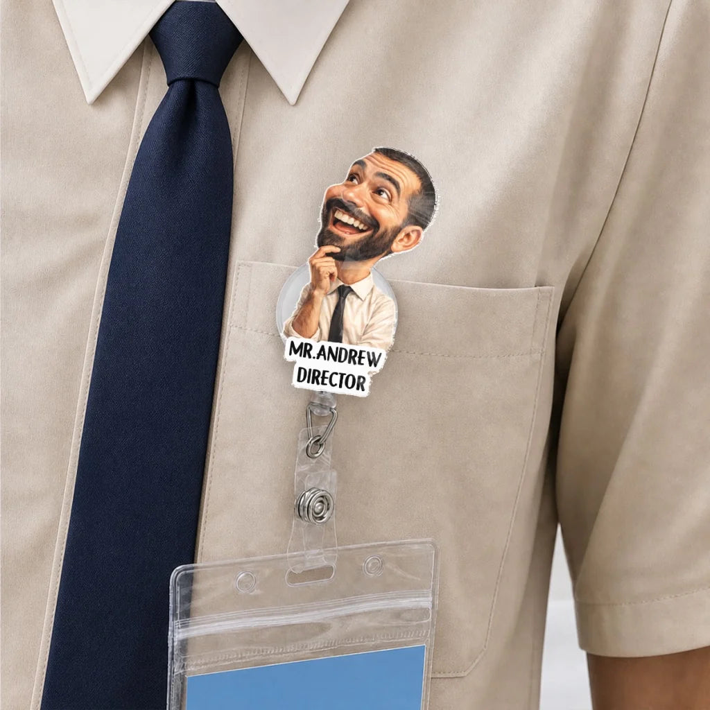 Personalized Acrylic Badge Reel with Smiling Office Character, Creative Gift for Coworkers