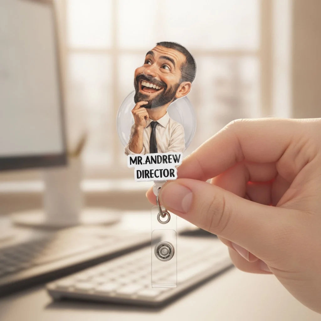Personalized Acrylic Badge Reel with Smiling Office Character, Creative Gift for Coworkers
