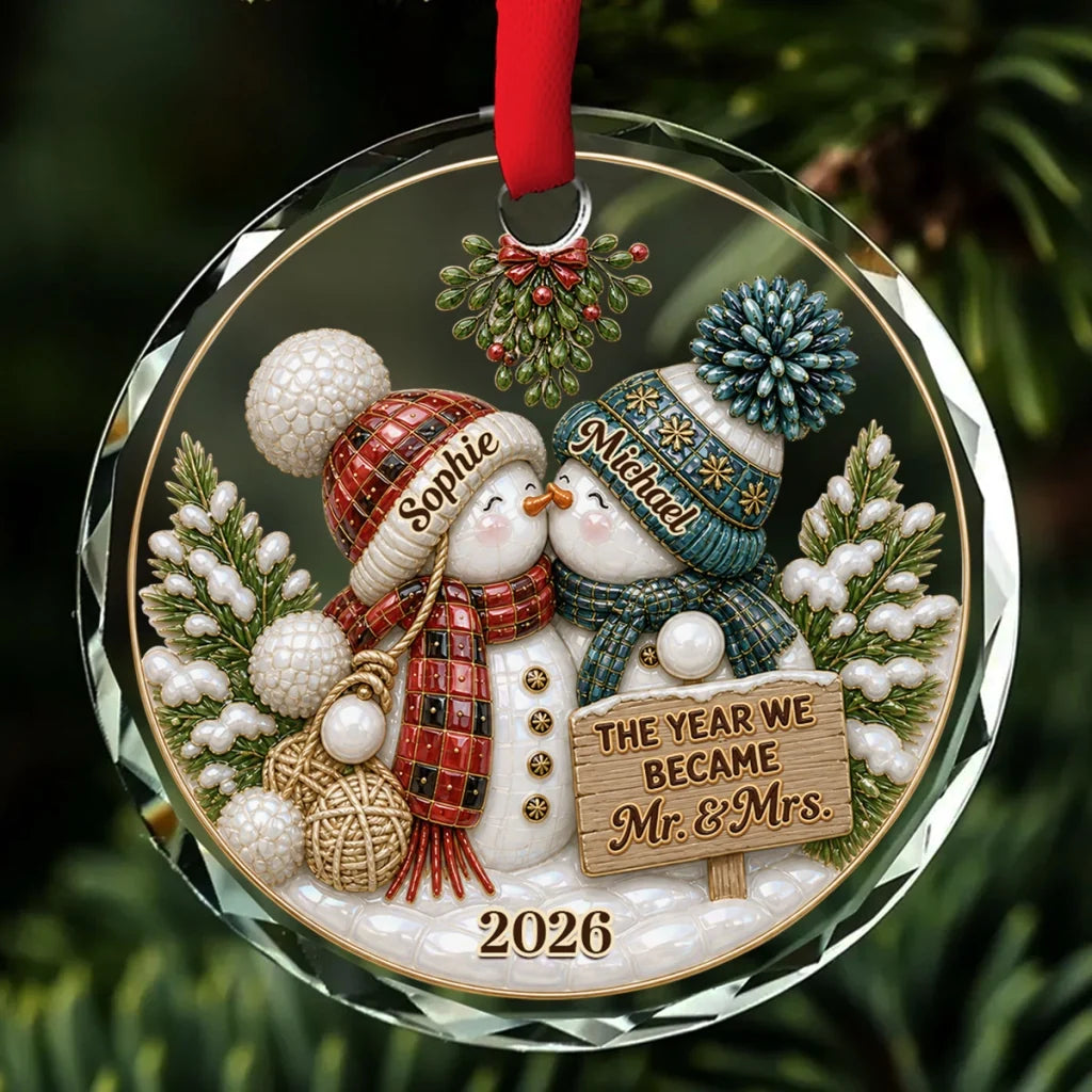 Crystal Ornament, Red & Teal Kissing Snowmen in a Winter Scene, Creative Anniversary Gift for Couples