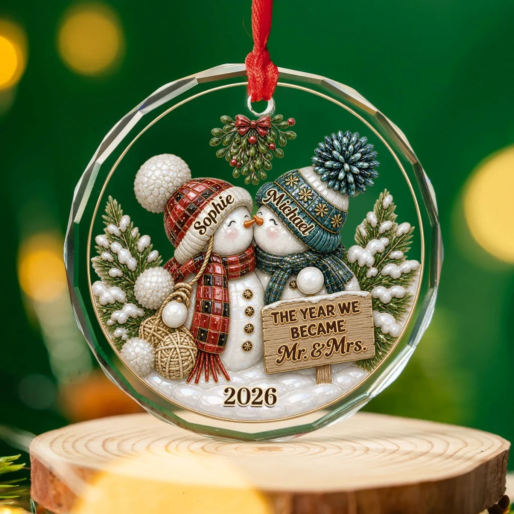 Crystal Ornament, Red & Teal Kissing Snowmen in a Winter Scene, Creative Anniversary Gift for Couples