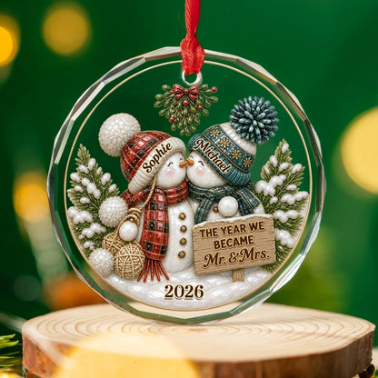 Crystal Ornament, Red & Teal Kissing Snowmen in a Winter Scene, Creative Anniversary Gift for Couples