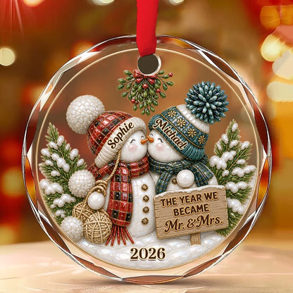 Crystal Ornament, Red & Teal Kissing Snowmen in a Winter Scene, Creative Anniversary Gift for Couples