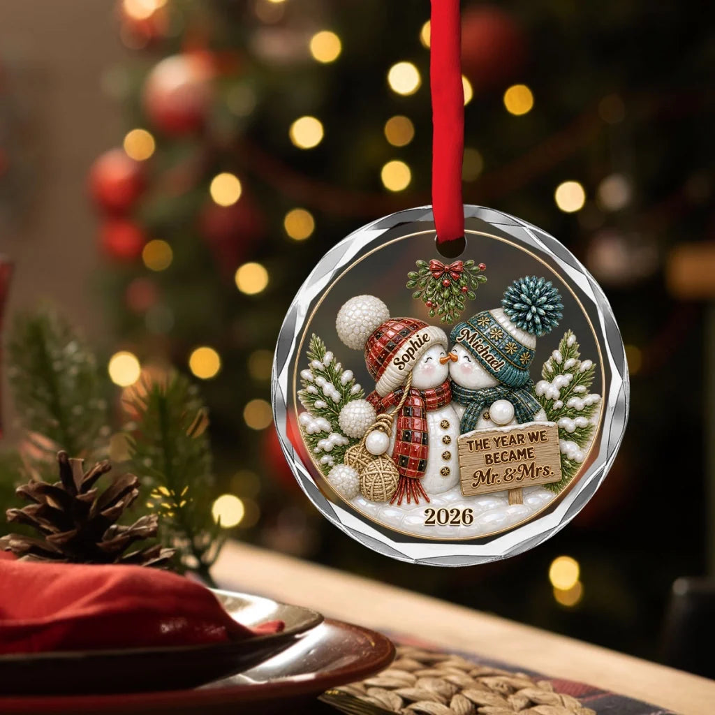 Crystal Ornament, Red & Teal Kissing Snowmen in a Winter Scene, Creative Anniversary Gift for Couples