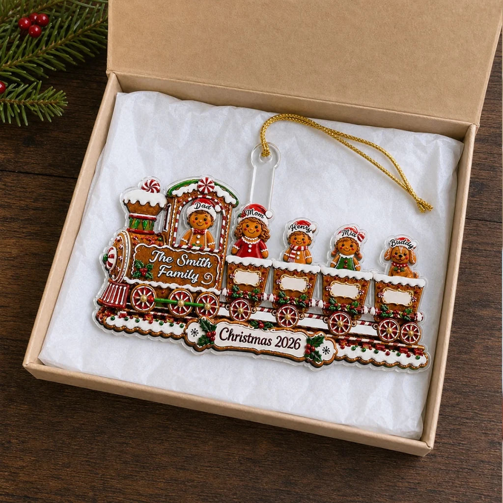 Personalized Together Is Home Acrylic Ornament, Festive Gingerbread Train, Creative Gift for Family and Dog Lovers
