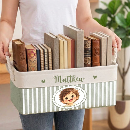 Personalized Cotton Linen Rope Basket with Smiling Child Portrait, Pastel Nursery Storage, Unique Gift for Kids
