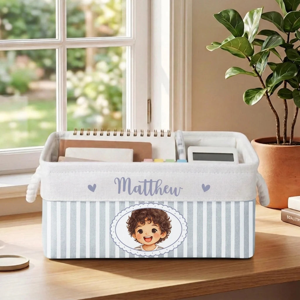 Personalized Cotton Linen Rope Basket with Smiling Child Portrait, Pastel Nursery Storage, Unique Gift for Kids
