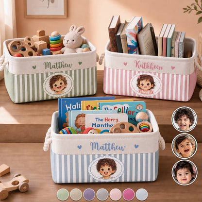 Personalized Cotton Linen Rope Basket with Smiling Child Portrait, Pastel Nursery Storage, Unique Gift for Kids