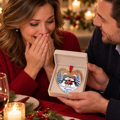 Personalized Crystal Heart Ornament, Snowman Couple Holding a Heart in Snowy Forest, Unique Christmas Gift for Newlyweds