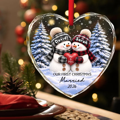 Personalized Crystal Heart Ornament, Snowman Couple Holding a Heart in Snowy Forest, Unique Christmas Gift for Newlyweds