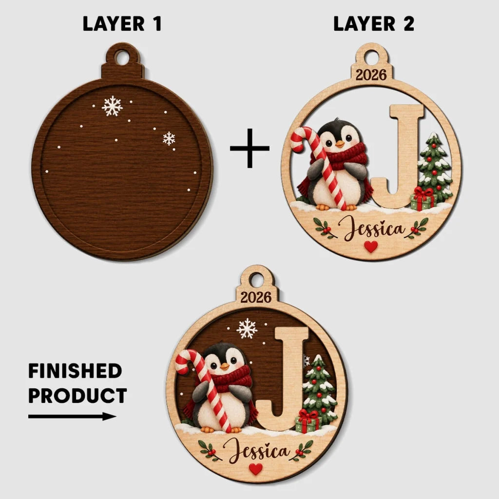 Personalized Wooden Ornament with Cute Winter Animals by a Snowy Tree, Creative Keepsake Gift for Family