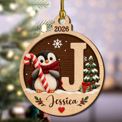Personalized Wooden Ornament with Cute Winter Animals by a Snowy Tree, Creative Keepsake Gift for Family