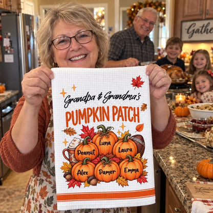 Personalized Kitchen Towel, Grandpa & Grandma's Pumpkin Patch, Unique Fall Gift for Grandparents