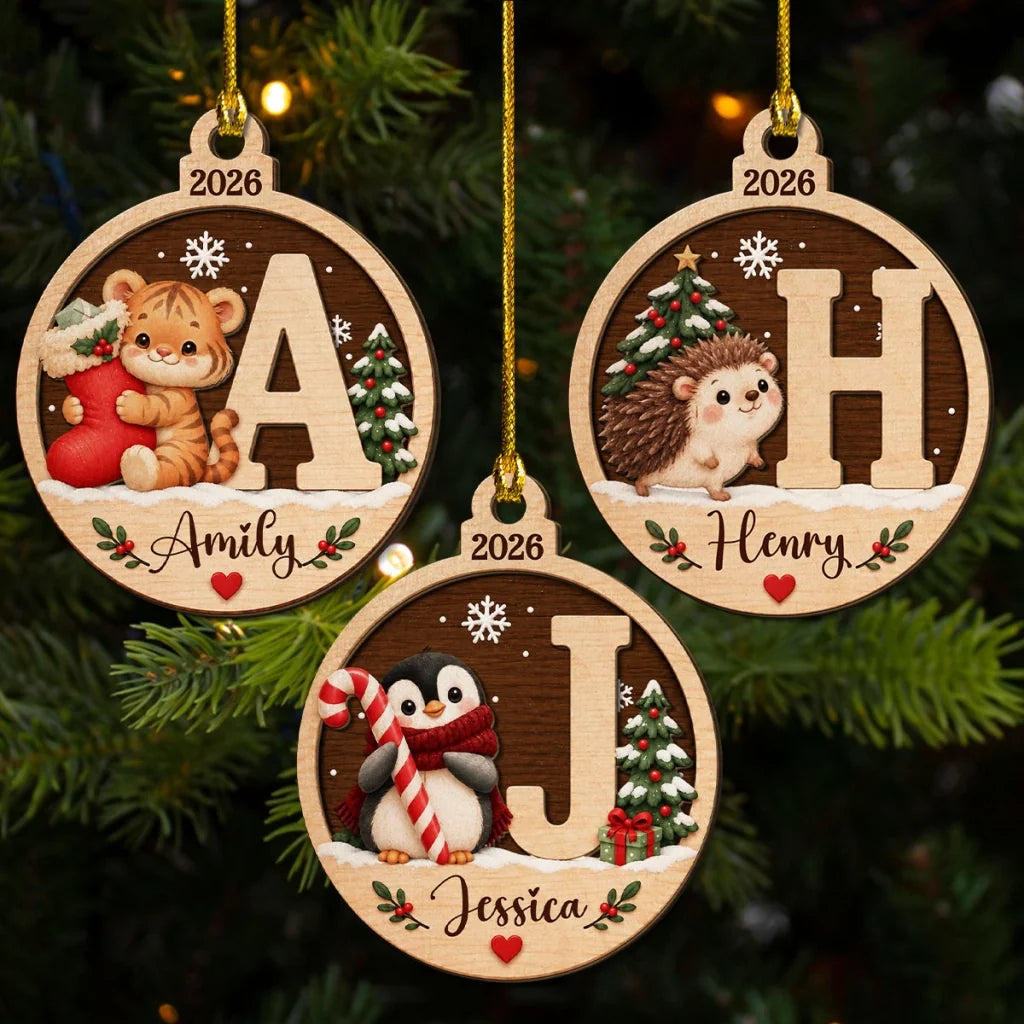 Personalized Wooden Ornament with Cute Winter Animals by a Snowy Tree, Creative Keepsake Gift for Family