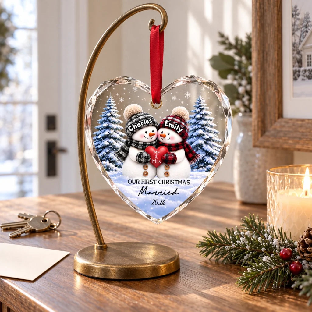 Personalized Crystal Heart Ornament, Snowman Couple Holding a Heart in Snowy Forest, Unique Christmas Gift for Newlyweds