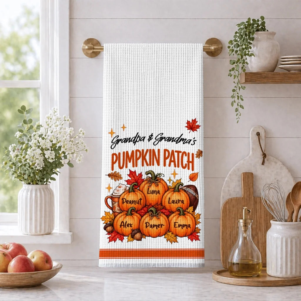 Personalized Kitchen Towel, Grandpa & Grandma's Pumpkin Patch, Unique Fall Gift for Grandparents