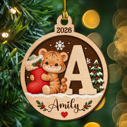Personalized Wooden Ornament with Cute Winter Animals by a Snowy Tree, Creative Keepsake Gift for Family