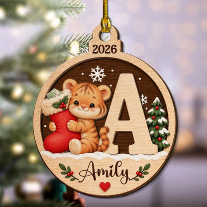 Personalized Wooden Ornament with Cute Winter Animals by a Snowy Tree, Creative Keepsake Gift for Family